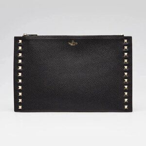 Valentino Black Pebbled Leather Large Rockstud Flat Pouch Bag